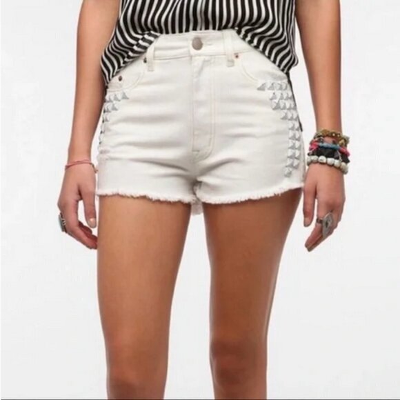 BDG Urban Outfitters Studded Distressed Shorts White High Rise Dree Cheeky Short - Picture 1 of 10
